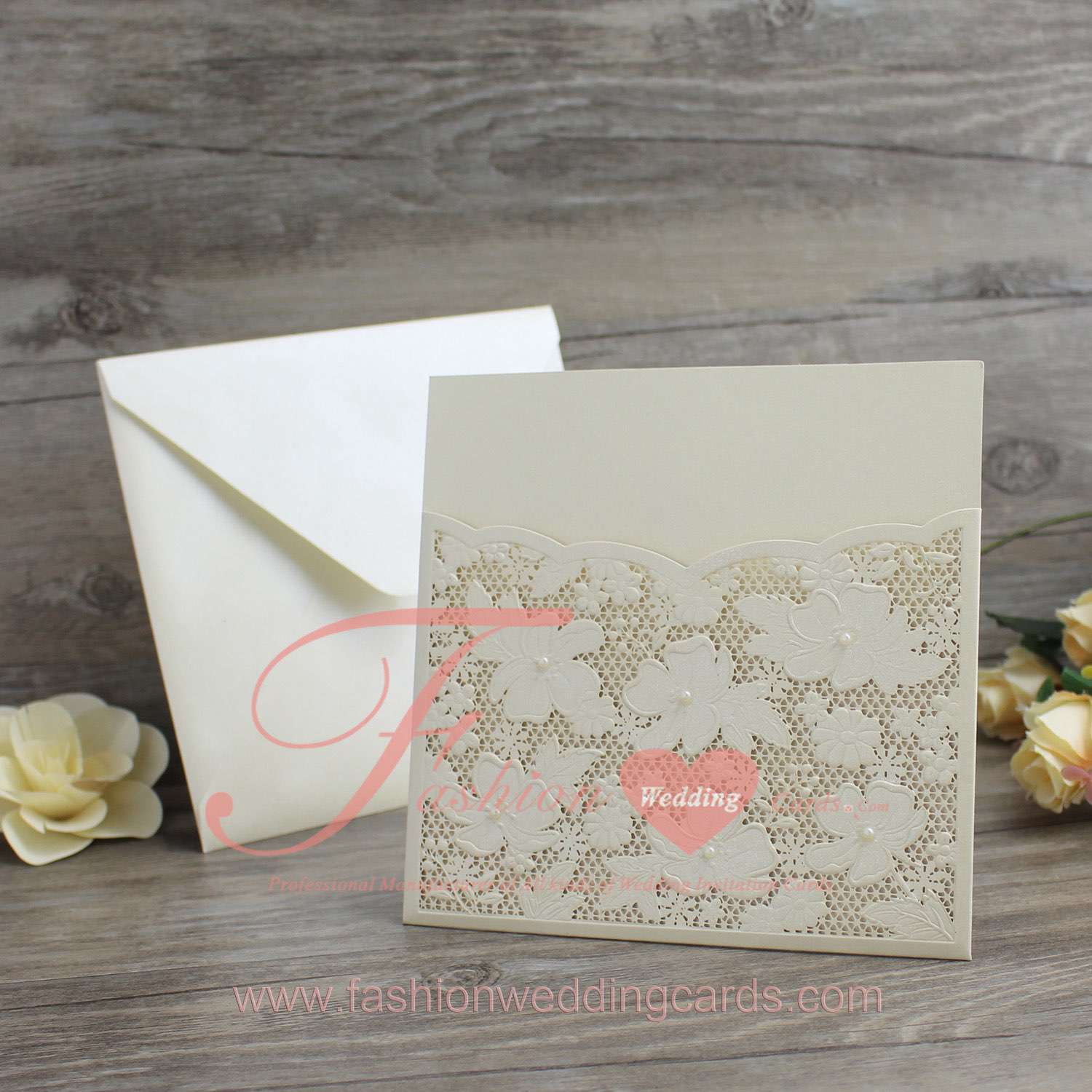 Ivory and White Laser Cut Wedding Invitation Pocket